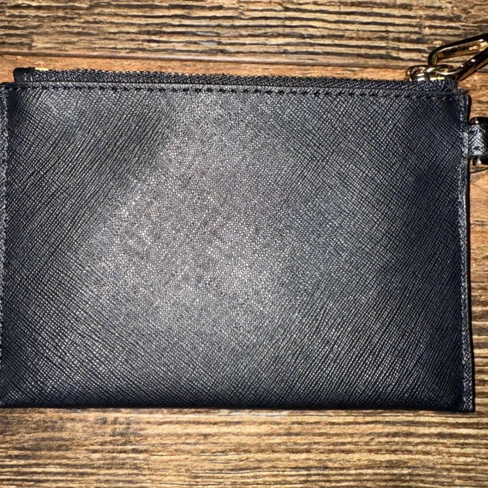 Michael Kors Black Saffiano Leather Zip Card Case‎ Wallet Lanyard